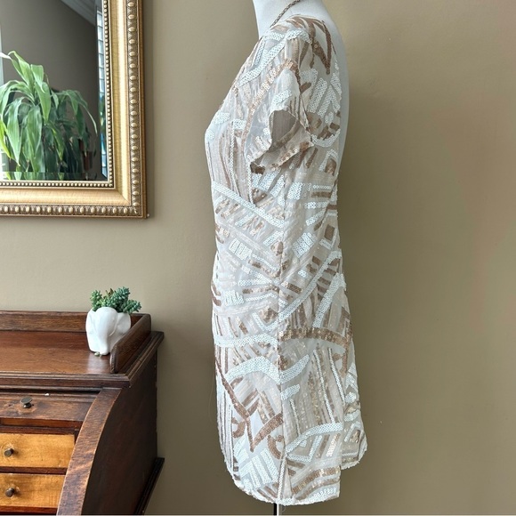 Show Me Your Mumu Tallulah White Tan Sequin Open Back Short Sleeve Mini Dress S - Picture 6 of 13